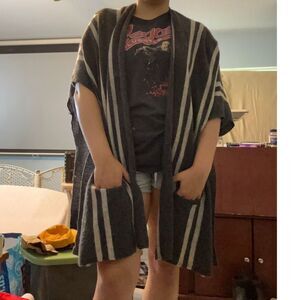 Quiet Luxury In Cashmere 100% Cashmere Striped Cardigan Poncho Wrap